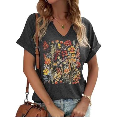 Imagem de Earlymemb Camiseta feminina vintage com estampa de flores e gola V Boho floral flores silvestres casual Cottagecore camiseta manga curta, A - cinza - 1, XXG