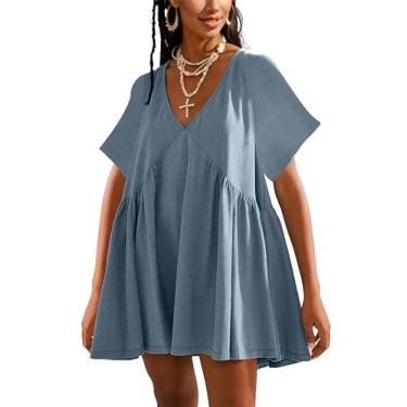 Imagem de Gozoloma Minivestido feminino de verão manga curta casual solto gola V vestido de verão rodado camiseta de férias vestido de sol com bolsos, Azul, cinza, P