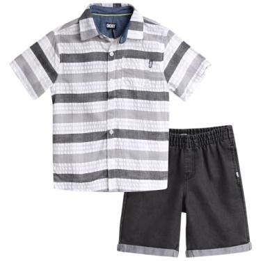 Imagem de DKNY Conjunto de shorts para meninos - camisa de botão de manga curta com botões e shorts jeans elásticos - roupa de verão para meninos (2-7), Preto, 3 Anos