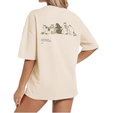 Imagem de Cinyifaan Camiseta feminina vintage estampada de gato manga curta túnica solta gótica grande punk camisas largas, Caqui, M