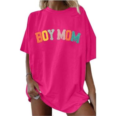 Imagem de Camiseta feminina grande mamãe menino mamãe levanta camiseta presente para mãe com glitter patch camiseta casual gola redonda, Vermelho, XXG