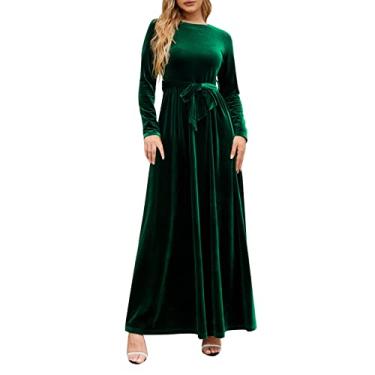 Imagem de Duobla Vestido feminino plus size de veludo evasê manga longa elegante coquetel festa vestidos midi vestidos de casamento para convidadas para mulheres, Verde, M
