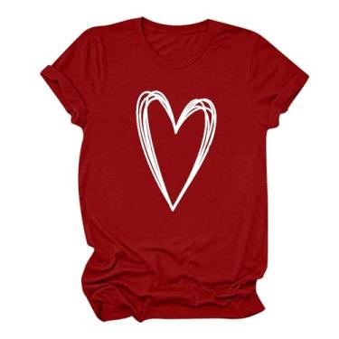 Imagem de Camiseta feminina de coração de manga curta, caimento solto, leve, verão, primavera, estampada, camiseta natalina, blusas modernas, Vermelho, 3G