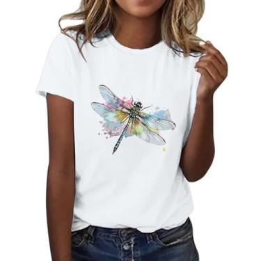 Imagem de Camiseta feminina com estampa de libélula, gola redonda, manga curta, túnica folgada, casual, Ya1-branco, GG