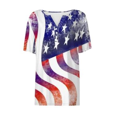 Imagem de Camiseta patriótica feminina fofa 4th of July Henley Neck Shirt Star Stipes camiseta bandeira americana, Vermelho, G