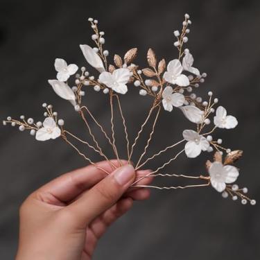 Imagem de SELFCLOUD Pinos de cabelo com pérolas, 6 peças de noivas feitas à mão branco 3D flor fada noiva casamento peças de cabelo folha acessórios de cabelo em forma de U headpiece damas de honra mulheres