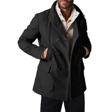 Imagem de Runcati Casaco masculino slim fit casual algodão trespassado lapela jaqueta clássica negócios curto sobretudo, Preto, G