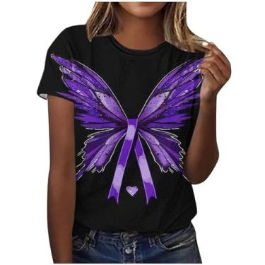 Imagem de Camiseta feminina de conscientização de Alzheimers roxo borboleta estampada blusas casuais de verão camisetas de manga curta gola redonda, Preto, P
