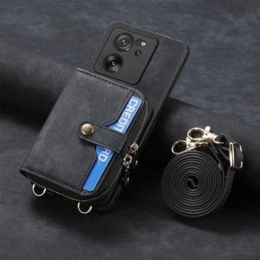 Imagem de Bolsa de cartões com zíper crossbody Capa carteira de couro para Xiaomi Note 13 12 Pro 11 lite POCO X5 X4 13T Capa de corda longa, preta, para POCO X4 Pro 5G