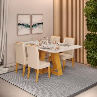 Imagem de Conjunto Sala de Jantar 4 Cadeiras Tampo Sem Vidro 170x90 Dj Móveis Kiara Cedro Quartzo Yasmin Linho Neve