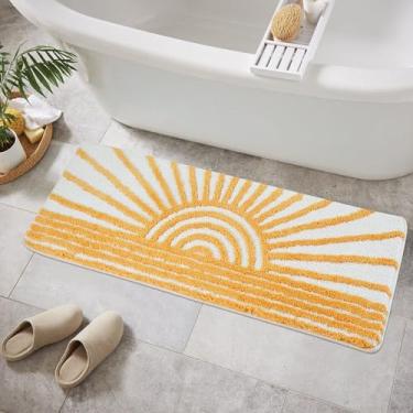 Imagem de Uphome Tapete de banheiro boho corredor amarelo e branco sol longo tapete de banheiro antiderrapante absorvente de água tapete de banho minimalista moderno lavável na máquina tapetes de banho para pia de banheira chuveiro, 45,7 x 119,4 cm
