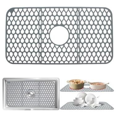 Imagem de Protetor de pia de silicone para pia de cozinha – Tapete dobrável antiderrapante para pia de cozinha de 66 x 35 cm com ralo central, forro de pia resistente ao calor para pia de porcelana de aço