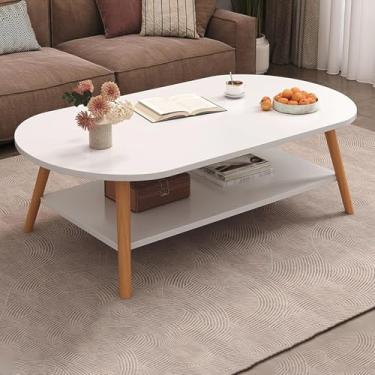 Imagem de Mesa de centro oval moderna com prateleira de armazenamento, mesa de destaque retangular, mesa de centro de madeira de 2 andares, para apartamentos pequenos, mesa de centro moderna