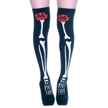Imagem de Meia Calça 7/8 Halloween Esqueleto Com Rosa Meia Estampa Caveira Ossos
