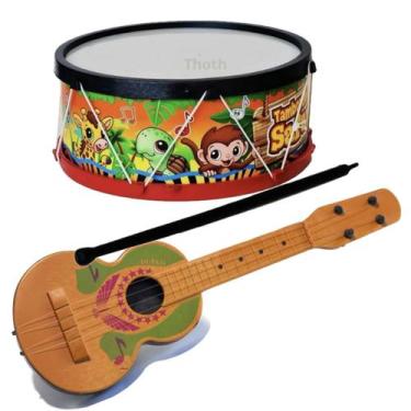 Imagem de Tambor Violão Infantil Bumbo Kit 2 Instrumento Musical Brinquedo Viola