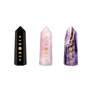 Imagem de Rockcloud Pacote com 3 pontos de cristal gravados em fase da lua, pedra hexagonal de bolso para varinha de eclipse lunar para decoração de casa de meditação de Reiki, obsidiana, quartzo rosa e