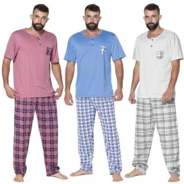 Imagem de Kit 5 Pijamas Malha Masculino Camisa Com Bolso Lisa Calça Estampada - 