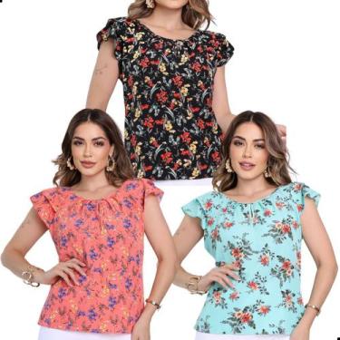 Imagem de Kit 3 Blusinhas Crepinho Social Feminina Estampas Lindas - Look Modas 