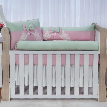 Imagem de Kit enxoval para berço elegância rosê/verde luxo menina - MEDINA CONFE