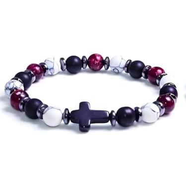 Imagem de BLUE HOPE Pulseira vintage chique com contas - Contas redondas de 8 mm com pingente de cruz preta, acessório diário perfeito e presente, disponível em 6 cores deslumbrantes, 7.48, Aço inoxidável, cruz