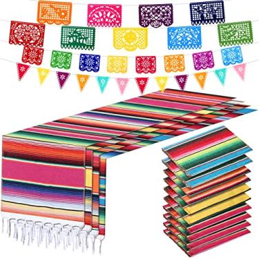 Imagem de Caminhos de mesa mexicanos Serape de 35,5 x 213,3 cm, 29 faixas de papel Picado, faixa de pendurar Fiesta e faixa de bandeira de bandeirinha colorida para festa temática mexicana (rosa, azul, laranja, amarelo)