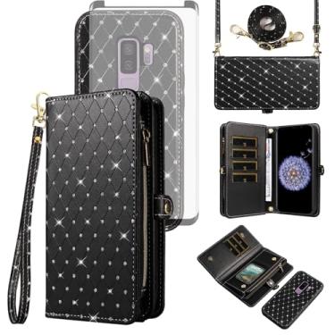 Imagem de Asuwish Capa de celular para Samsung Galaxy S9 Plus com zíper carteira destacável com película de vidro temperado, alça protetora de tela com glitter, compartimento para cartão S9+ 9S 9+ S 9 9plus