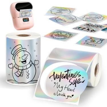 Imagem de HuiJuKeJi 2 rolos de papel térmico de prata holográfico para Phomemo M110 M200 M220 M221, 50 x 50 mm redondos□ Adesivos a laser autoadesivos à prova d'água para etiquetas de glitter faça você