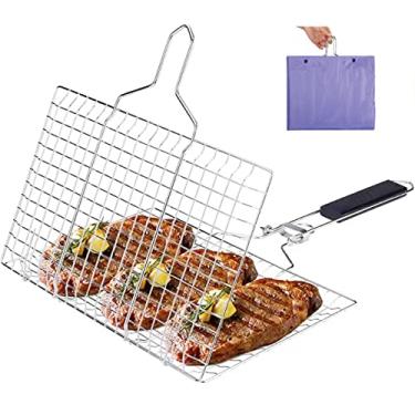 Imagem de Olighan Cesta para Grelhar Peixes, Cesta Dobrável para Grelhar com Alça Removível, Grande Grelha Dobrável de Aço Inoxidável para Churrasco, Cestas Portáteis para Grelhar Em Acampamento para Vegetais,