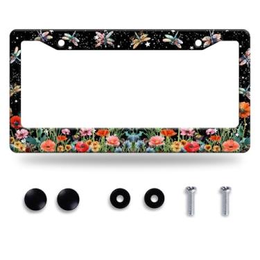 Imagem de Linda moldura de placa de licença de libélula flores florais molduras engraçadas acessório automotivo aço inoxidável colorido placa de licença decoração para homens e mulheres 30 x 15 cm
