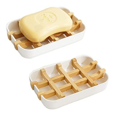 Imagem de TRIIFON Porta-Sabonete de Bambu, Porta-Sabonete Em Barra, Porta-Sabonetes Autodrenantes para Chuveiro, Banheiro, Pia de Cozinha, Porta-Sabonete de Madeira Ecológico, Acessórios par(, Branco (2 Peças))