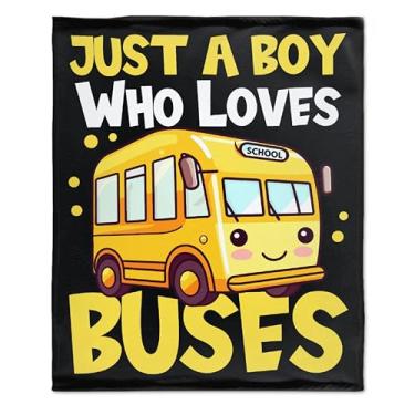 Imagem de Khumbhira Cobertor amarelo engraçado de ônibus escolar Just A Boy Who Loves Buses cobertor para meninos crianças cobertor quente de pelúcia leve ônibus escolar cobertor para sofá cama todas as