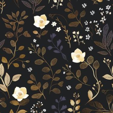 Imagem de ILHIIOR Papel de parede floral preto descasque e cole papel de parede folha dourada vintage papel de parede boho flor papel de parede removível autoadesivo para gavetas de armário decoração de parede