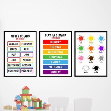 Imagem de Quadros Escola Inglês Educativos Infantil 3 Peças 20x28cm - camaleão d
