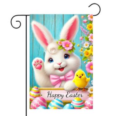 Imagem de BlissYard Feliz páscoa bandeira de jardim bonito coelho quintal bandeiras Páscoa primavera colorido ovo pintinho decorações ao ar livre para jardim externo pátio gramado decoração de quintal 30,5 x