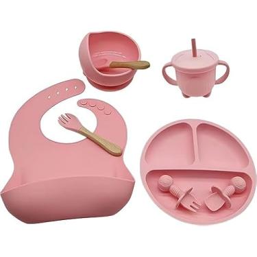 Imagem de Kit Introdução Alimentar Bebe 8 Peças Silicone Iniciação Para Alimentos Livre de BPA Atóxico Antibacteriano Seguro Sem Pontas Colher, garfo, copinho, pote e pratinho Criança (Rosa)