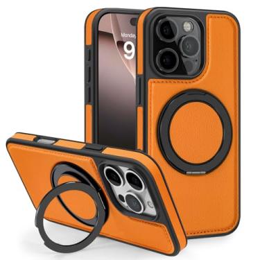 Imagem de Capa de couro magnética para iPhone 13 Pro Max, [compatível com MagSafe] Capa protetora fina de 360° com suporte ajustável à prova de choque (laranja)