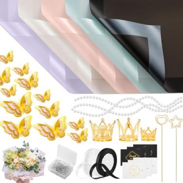 Imagem de VinTS Kit de papel de embrulho de buquê de 118 peças, 40 folhas de papel de embrulho floral à prova d'água com adesivos de borboleta 3D, coroas douradas, alfinetes de pedras preciosas, fitas para