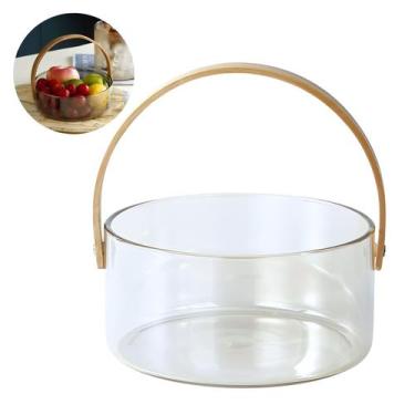 Imagem de Fruteira de Vidro com Alça de Madeira Centro de Mesa Multifuncional pa