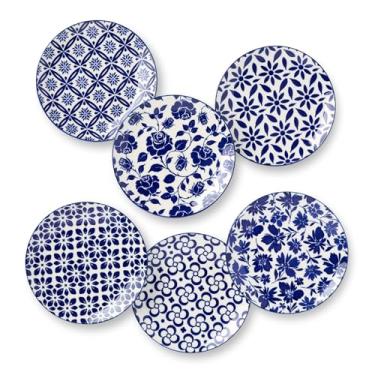 Imagem de Madison Conjunto de 6 pratos de canape - 15 cm, designs deslumbrantes em azul e branco - Perfeito para aperitivos, sobremesas e pequenos petiscos