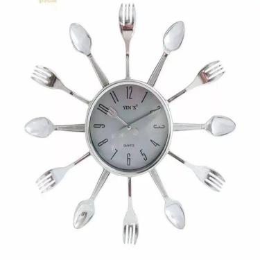 Imagem de Relógio Parede Cozinha Talheres Estilo Alumínio Retro Decorativo Quartz Prateado