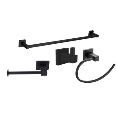 Imagem de Kit Toalheiro Banho Papeleira Ret Cabide Rosto Argola Preto - Fine Met