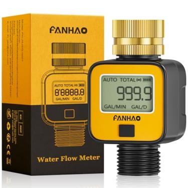 Imagem de FANHAO Medidor de fluxo de água com rosca de metal de entrada de latão, medida de consumo de galão/litro e taxa de fluxo, alta precisão e IPX6 à prova d'água para irrigação de mangueira de jardim ao