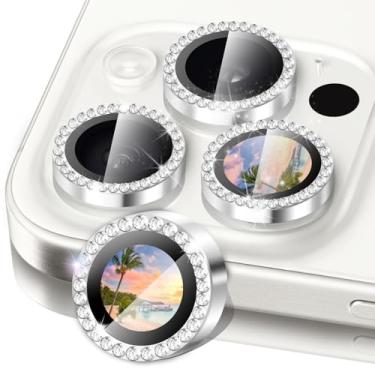 Imagem de ZSAUTHREE Compatível com protetor de lente de câmera para iPhone 16 Pro/iPhone 16 Pro Max - Lindo Bling, protetor de tela de vidro temperado 9H, acessórios de decoração de anel de metal (prata