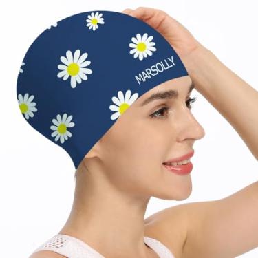 Imagem de Marsolly Touca de natação de silicone para mulheres, touca de natação de cabelo longo impermeável com estampa de flores