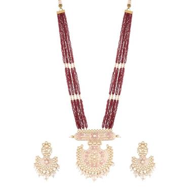 Imagem de I Jewels Conjunto de joias de casamento indiano banhado a ouro Bollywood Meenakari & Pearl Long Neckalce com brinco (SJ042), Sem Pedra Preciosa