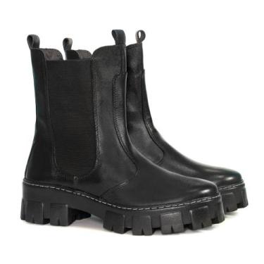 Imagem de Bota Feminina Coturno de Couro Cano Alto Elástico Sola Tratorado Cor P