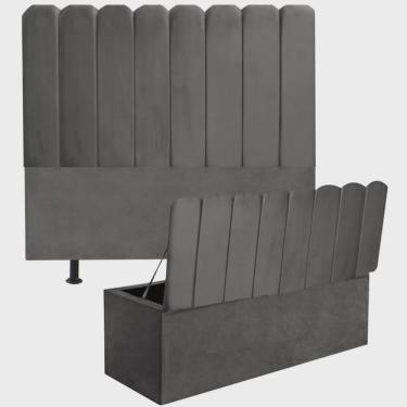 Imagem de Kit Cabeceira Estofada e Calçadeira Baú Recamier Dallas 140cm Casal Padrão Corino Chumbo - Ahz Móveis