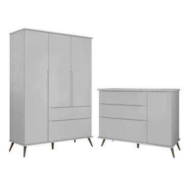 Imagem de Kit Quarto Infantil Guarda Roupa 3 Portas e Cômoda Gavetas Cinza