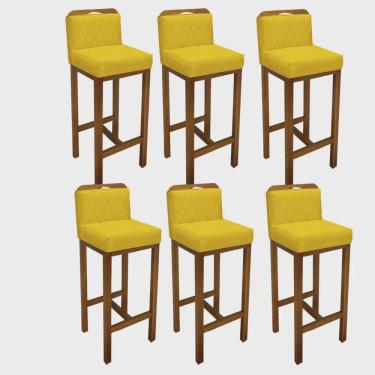 Imagem de Kit 06 Banqueta Alta Com Encosto Simon Cozinha Balcão Bistrô Base Madeira Carvalho Suede Amarelo - Ahz Móveis