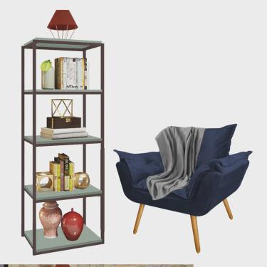 Imagem de Kit Poltrona Fatte com Manta Soft Cinza e Estante Livreiro Ferro Marrom mdf Verde Oliva Suede Azul Marinho - Ahazzo Móveis